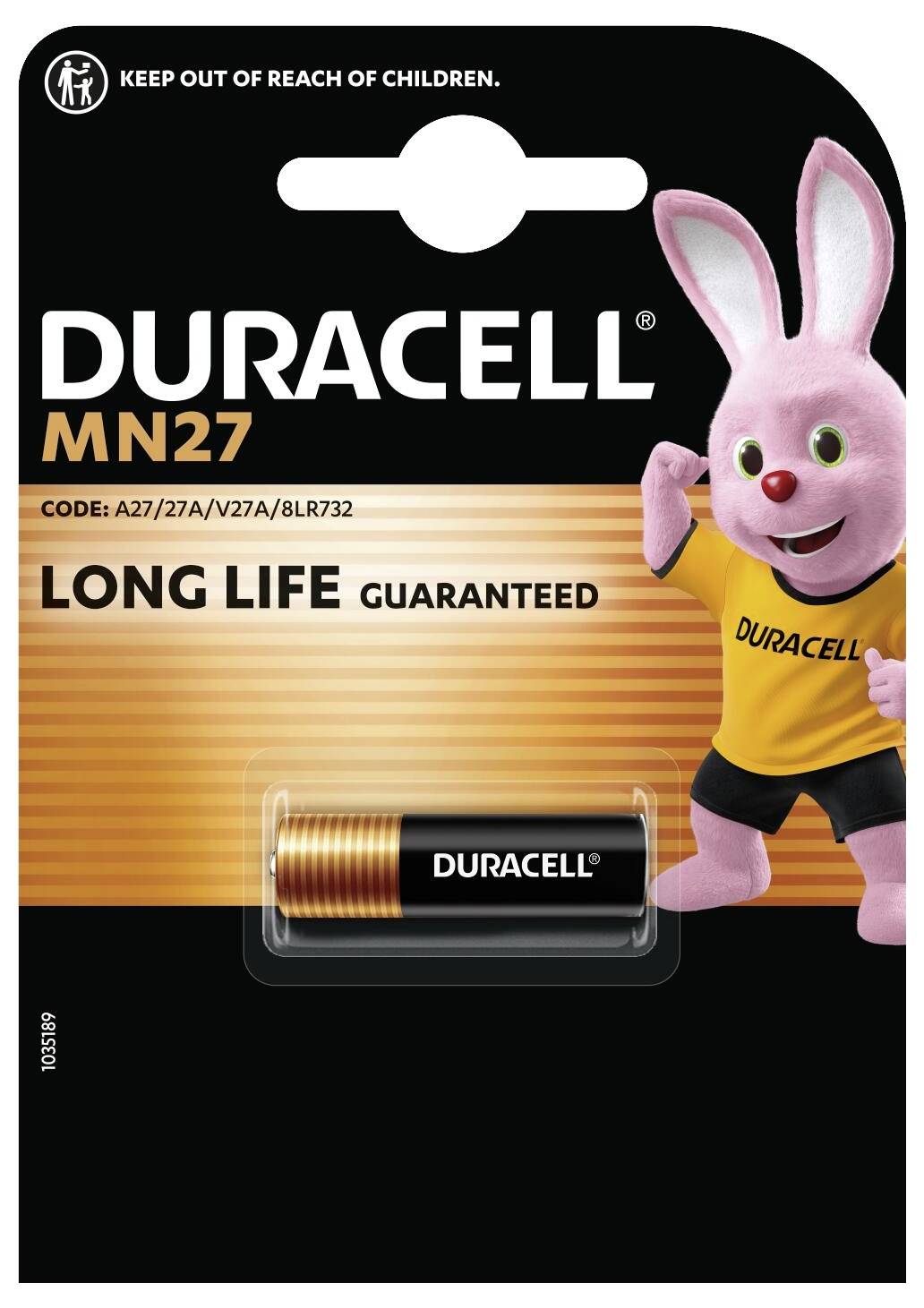 Duracell MN27 battery package featuring a pink bunny mascot. Text reads 'Long Life Guaranteed.' Battery is shown below mascot.