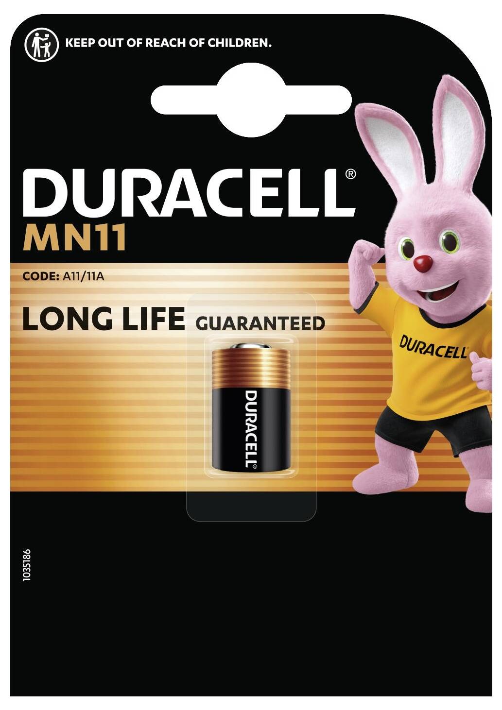 'Duracell MN11 battery package, featuring a pink bunny mascot on the right and the text 'Long Life Guaranteed' on the left.'