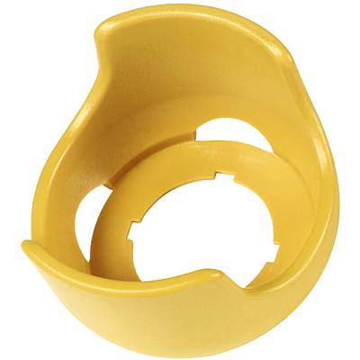 A yellow plastic component, shaped like a half shell with curves and an inner circular mounting bracket.