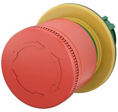 A large, red emergency stop button designed to quickly shut down machinery in case of an emergency.