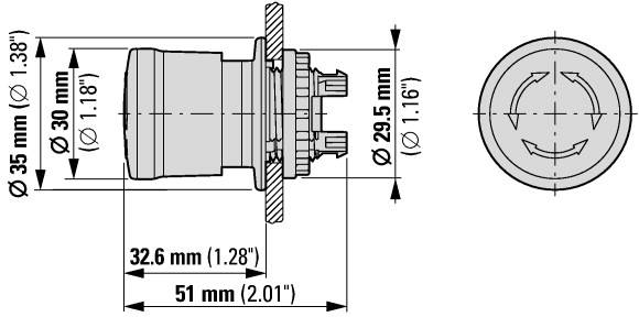 Technical drawing of a round push-button switch with dimensions in millimetres and inches. Includes front and side views.