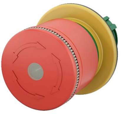 A red emergency stop button with arrow symbols, mounted on a yellow base, for switching off devices in emergency situations.