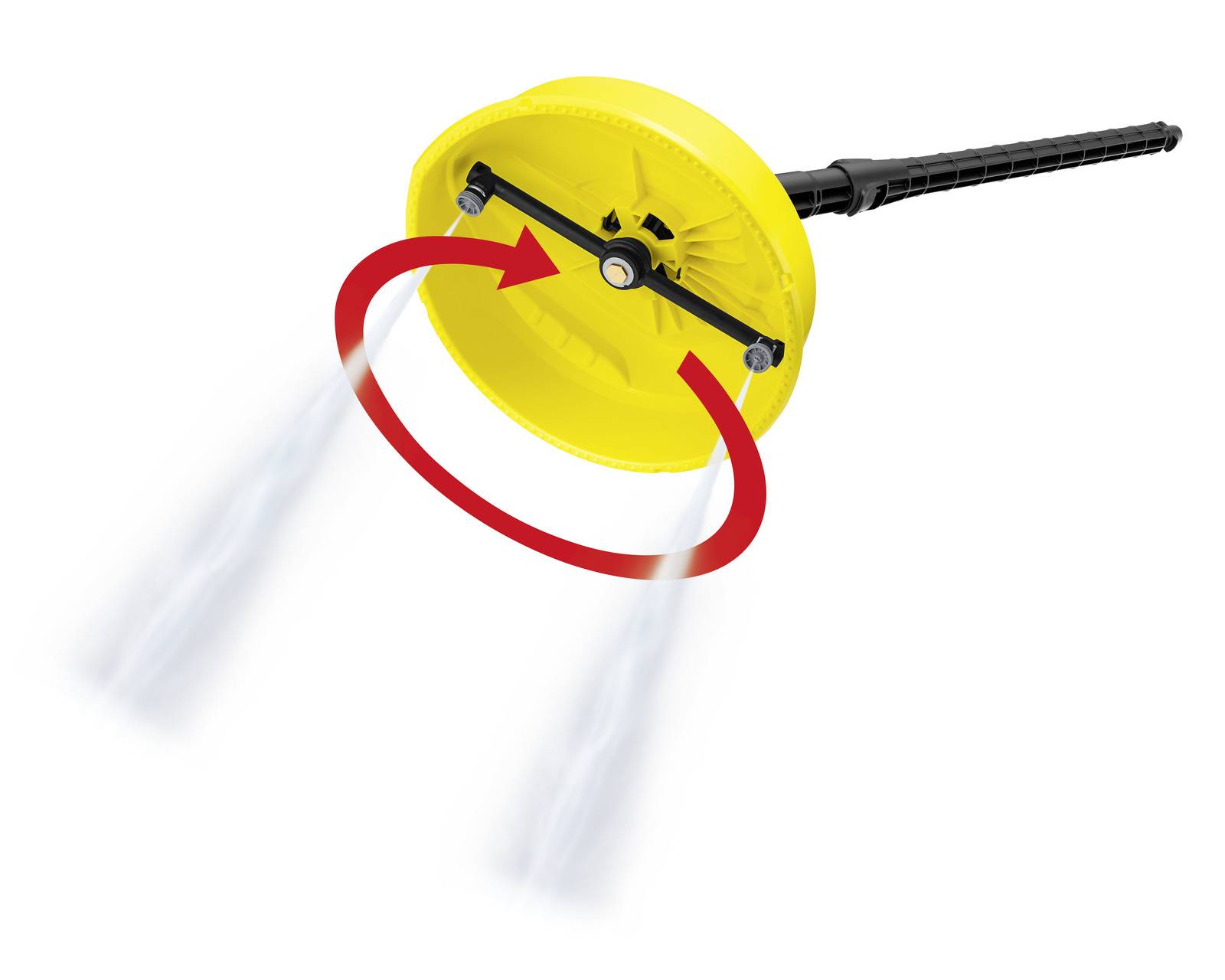 A yellow rotary surface cleaner sprays water jets for cleaning surfaces. An arrow indicates the circular motion of the cleaner head.