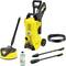 Yellow Pressure Washer with Accessories: Spray Lance, Surface Cleaner, Cleaning Detergent and Hose. Perfect for Outdoor Cleaning Tasks.