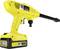 A yellow, battery-powered pressure washer with an 18V battery compartment. It is designed for mobile cleaning.