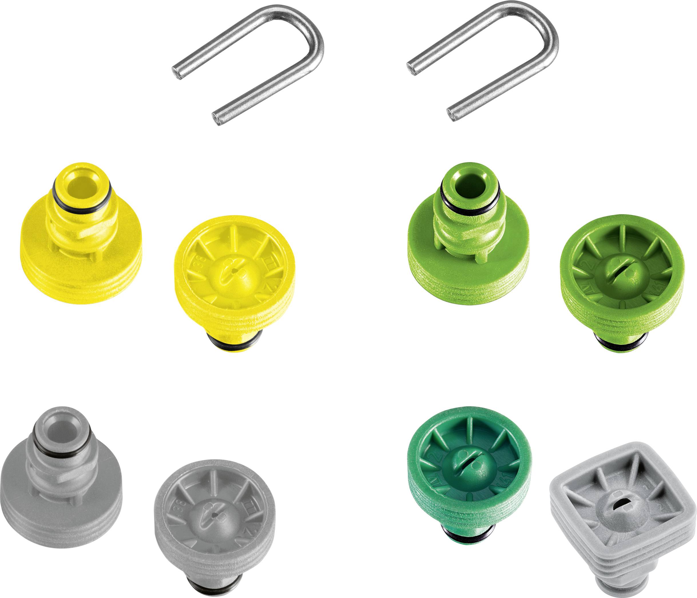 'Six differently coloured nozzles and a metal clip demonstrate variants of spray heads for garden hoses.'