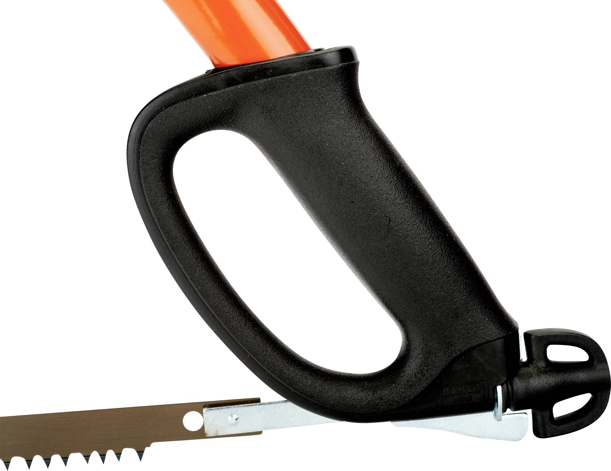The handle of a bow saw with a black, ergonomic hand grip and an orange grip extension is shown.