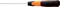Screwdriver with an ergonomic black and orange handle and a long, slender shaft viewed from the side.