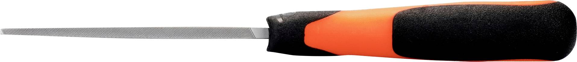 A screwdriver with a black and orange handle is lying horizontally.