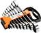 A set of metal ratchet spanners, arranged in a black holder with an orange label. Ideal for various screw-related tasks.
