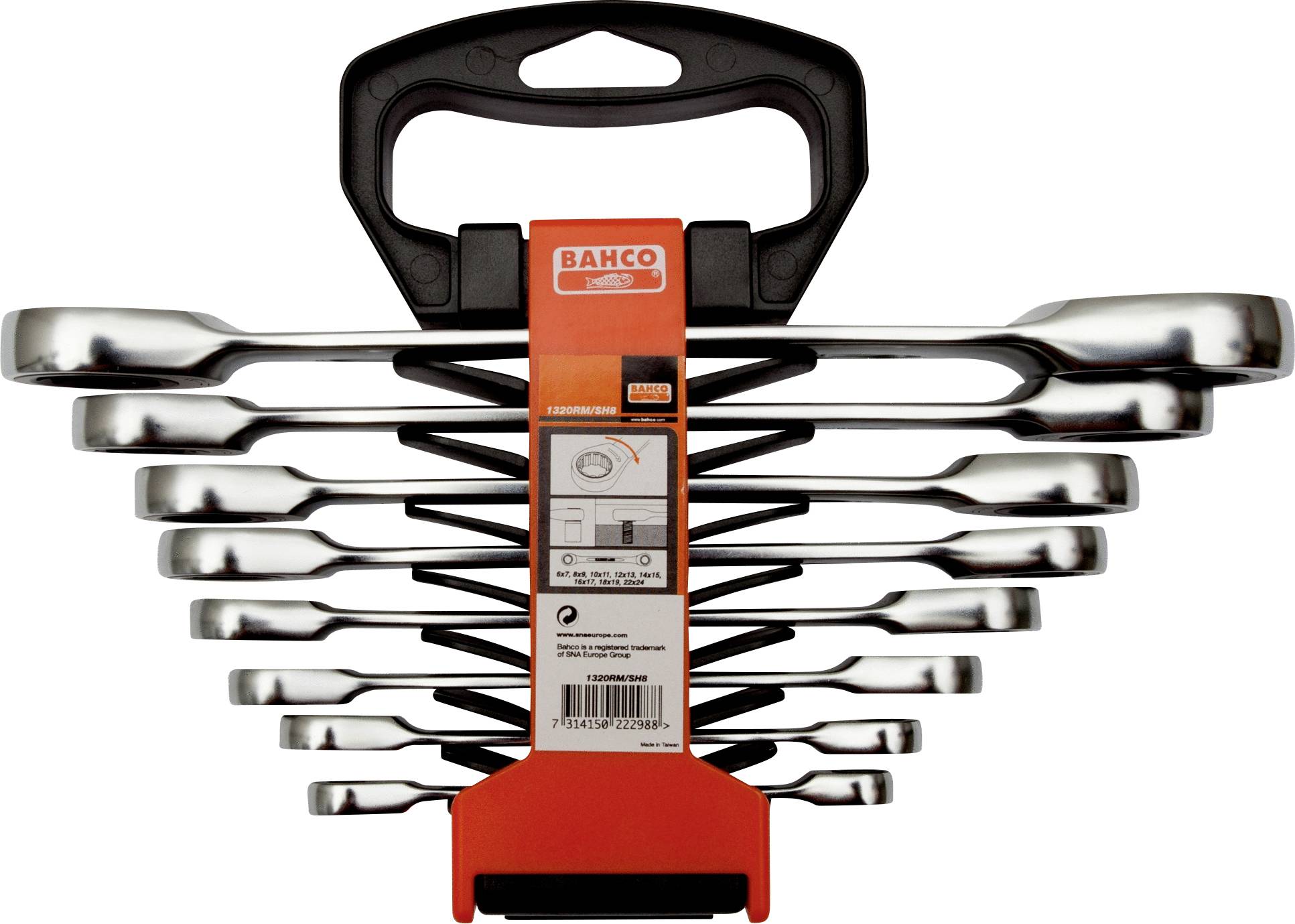 A set of eight Bahco spanners in various sizes, neatly arranged in a black and orange holder.