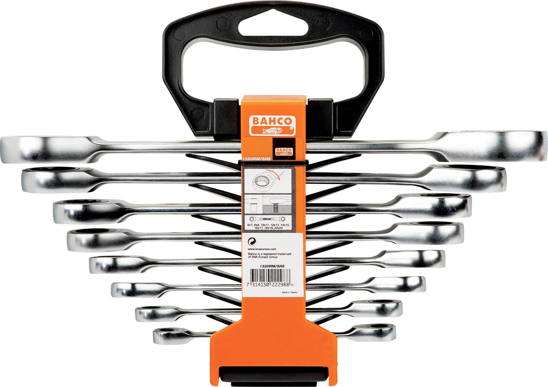 'Set of nine Bahco ring spanners, graduated and held together with an orange carrying handle, front view image.'
