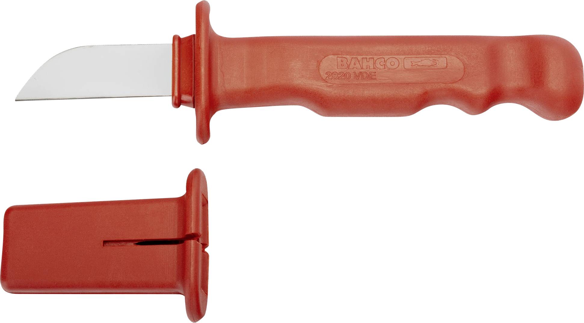 A red cable stripping knife with a plastic handle and removable protective cap. Ideal for stripping electrical cables.