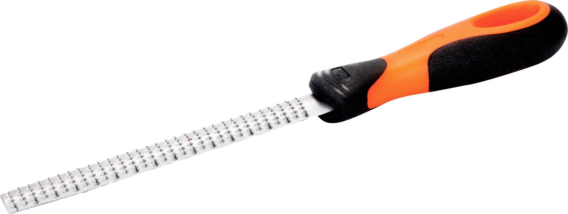 Grater with orange and black handle, suitable for finely grating foods such as cheese or citrus fruits.