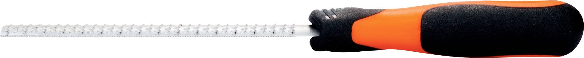 A black and orange screwdriver with a long, narrow shaft lies on a white surface.