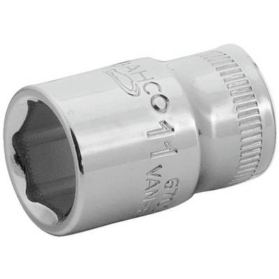 A chrome-plated hexagonal socket with embossed size and quality characteristics, used for screwdriver and ratchet attachments.