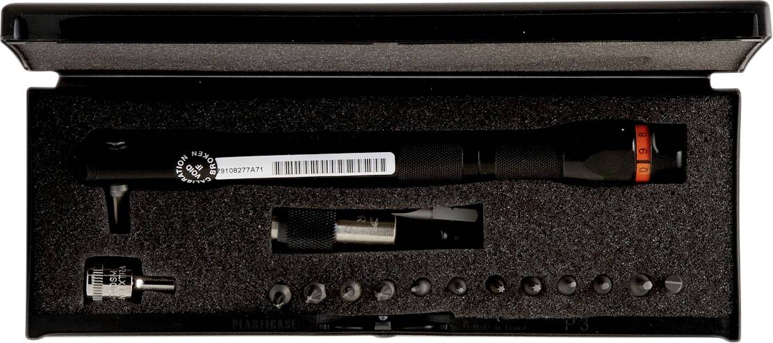 In a black case lies a screwdriver set with various attachments. The screwdriver is long and slender in shape.