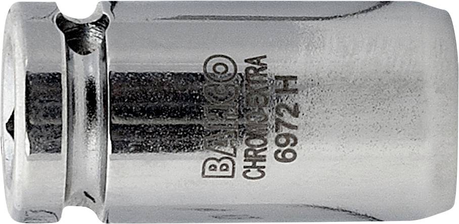 A silver socket with the engraving 'BAHCO CHROMO EXTRA 6972 FH'. It is cylindrical and manufactured from shiny metal.
