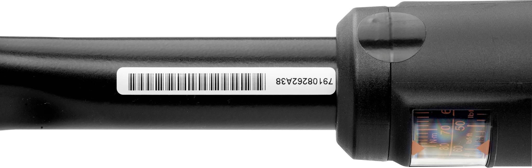 Close-up of a torque wrench with a scale and barcode on the side, displaying numbers and units.