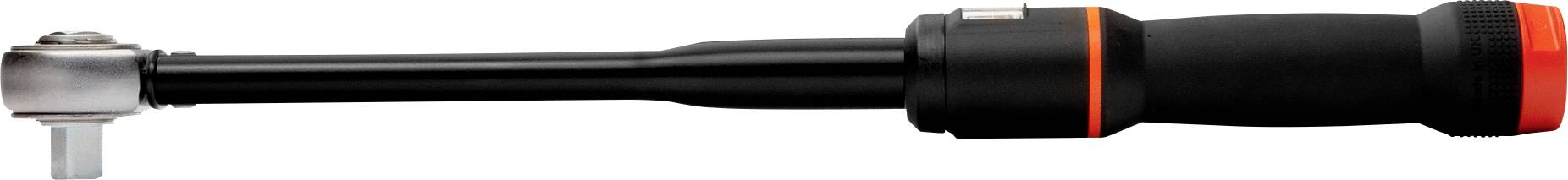 Torque wrench with black handle and orange accents; suitable for precise tightening of screws in mechanical applications.