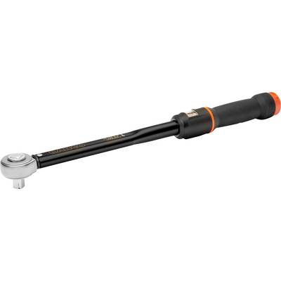 Torque wrench with a black handle and orange accents, used for precisely tightening screws and nuts.