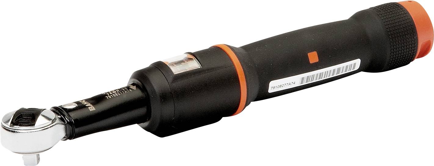 Torque wrench with a black handle and red accents, used for tightening screws to a specific torque.