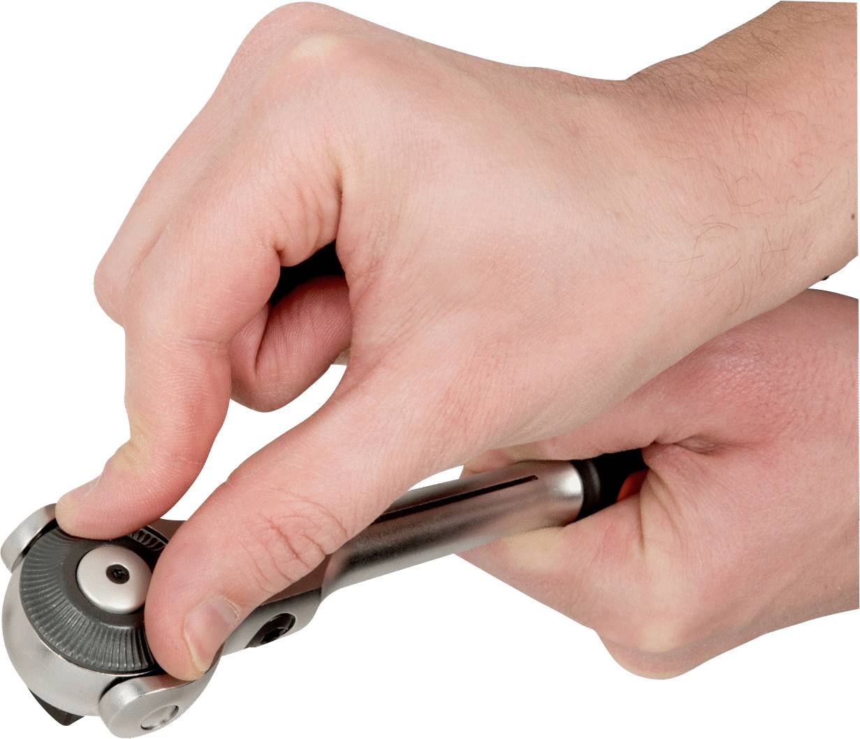 Two hands are holding a torque wrench and turning the adjustment ring for fine-tuning.