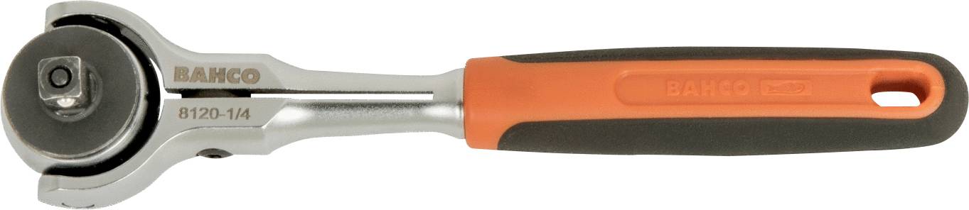A ratchet with an orange and black handle, brand name on the metal part.
