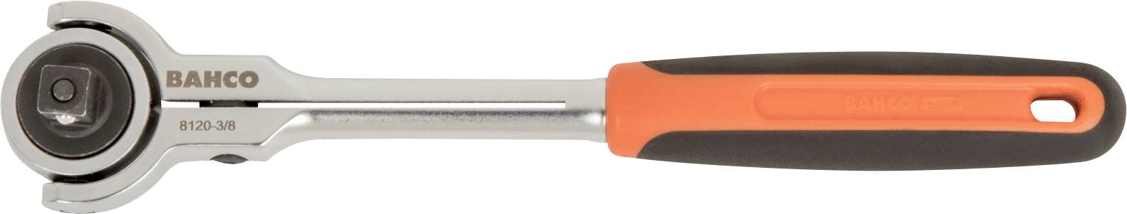 A silver ratchet with a black pivoting head and an orange-black handle by Bahco.