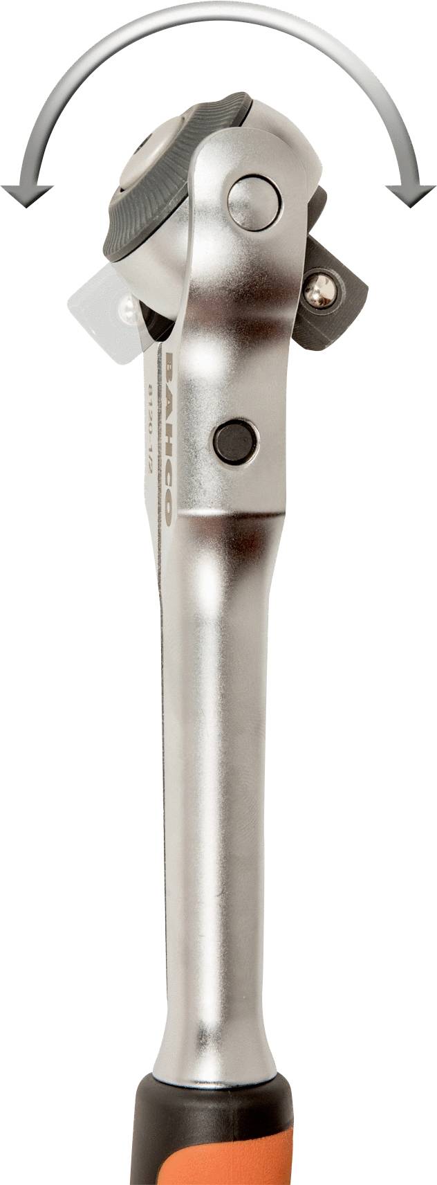 An adjustable torque wrench with a rotating green lever on top and an orange-black handle underneath.