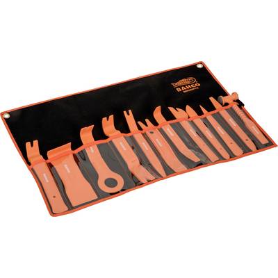 A set of orange plastic tools in a black storage bag with an orange border, designed for gentle vehicle dismantling.