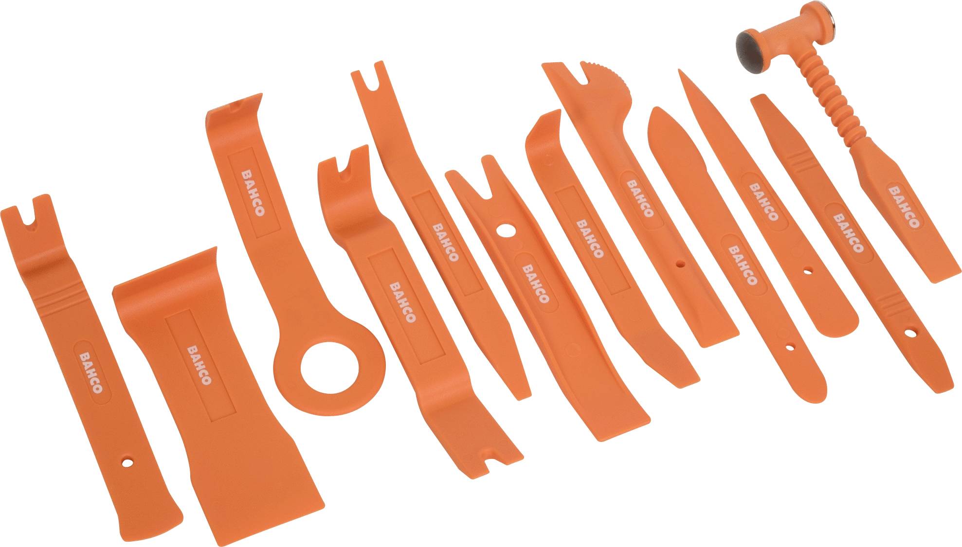 A collection of 14 orange plastic dismantling tools used for car repairs and interior work.