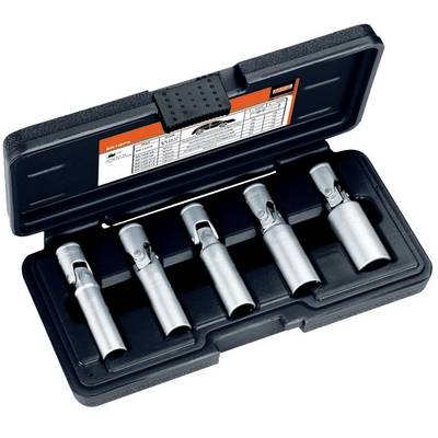 An open set of five socket wrenches in a black case, lying on a table. The socket wrenches are silver.