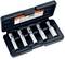 An open set of five socket wrenches in a black case, lying on a table. The socket wrenches are silver.