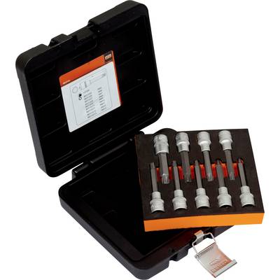 'Image of an open toolbox with seven socket wrenches in various sizes, neatly arranged and labelled.'