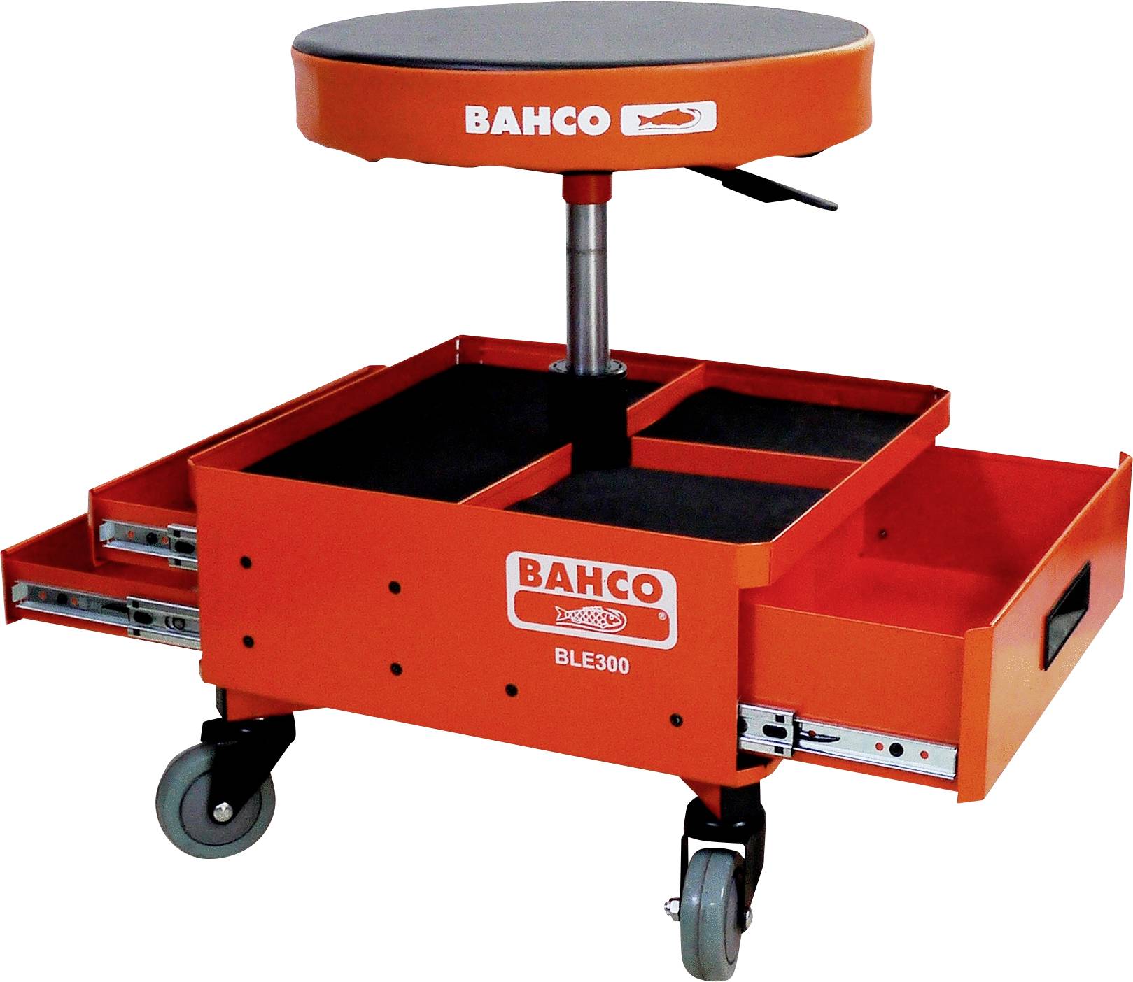 Red workshop stool with castors, padded seat and practical drawers for tool storage; brand 'Bahco'.