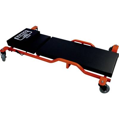'Mechanic's trolley with padded headrest, black lying surface and orange frame structure on wheels, for vehicle maintenance.'