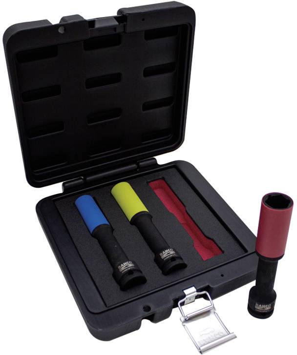 A tool kit with three differently coloured socket spanners. Marked in black, blue, yellow and red, suitable for car repairs.