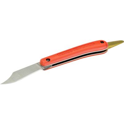 A red gardening knife with a curved blade and an ergonomic handle.