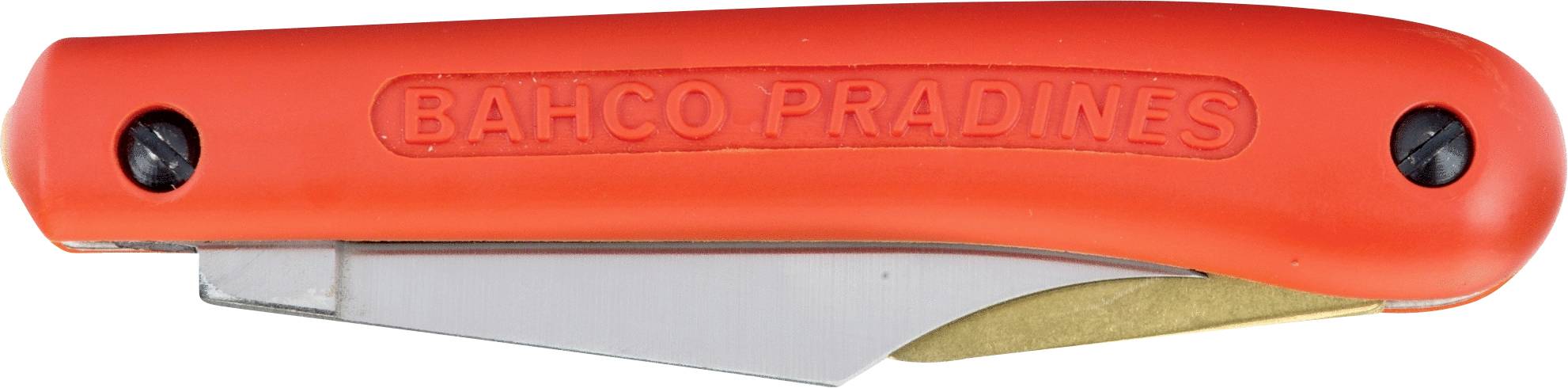 Folding knife with a red handle, 'BAHCO PRADINES' embossed on it. Blade partially visible, showing it in a closed position.