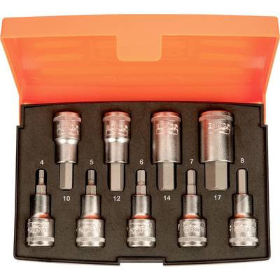 An opened set of ten socket wrench inserts in an orange box. The inserts are of varying sizes and numbered.