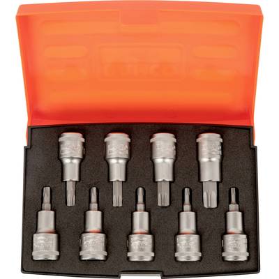 A set of silver screwdriver bits and socket attachments in an open, red box. Ten pieces are securely embedded in foam.