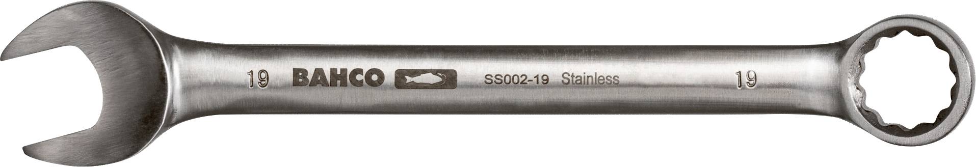 A metal spanner with open and ring-ended sides, size 19. Brand 'Bahco', made of stainless steel.