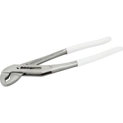 A water pump pliers with white metal handles is lying on a surface. It is a tool used for gripping and turning objects.