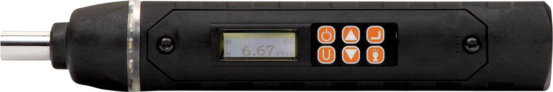 Digital measuring device with five buttons and a display showing '6.67'. A metallic probe is visible on the left side.