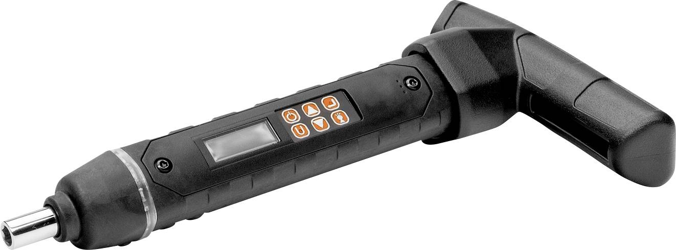 Battery-powered torque screwdriver with digital display and side controls, suitable for precise screw tightening.