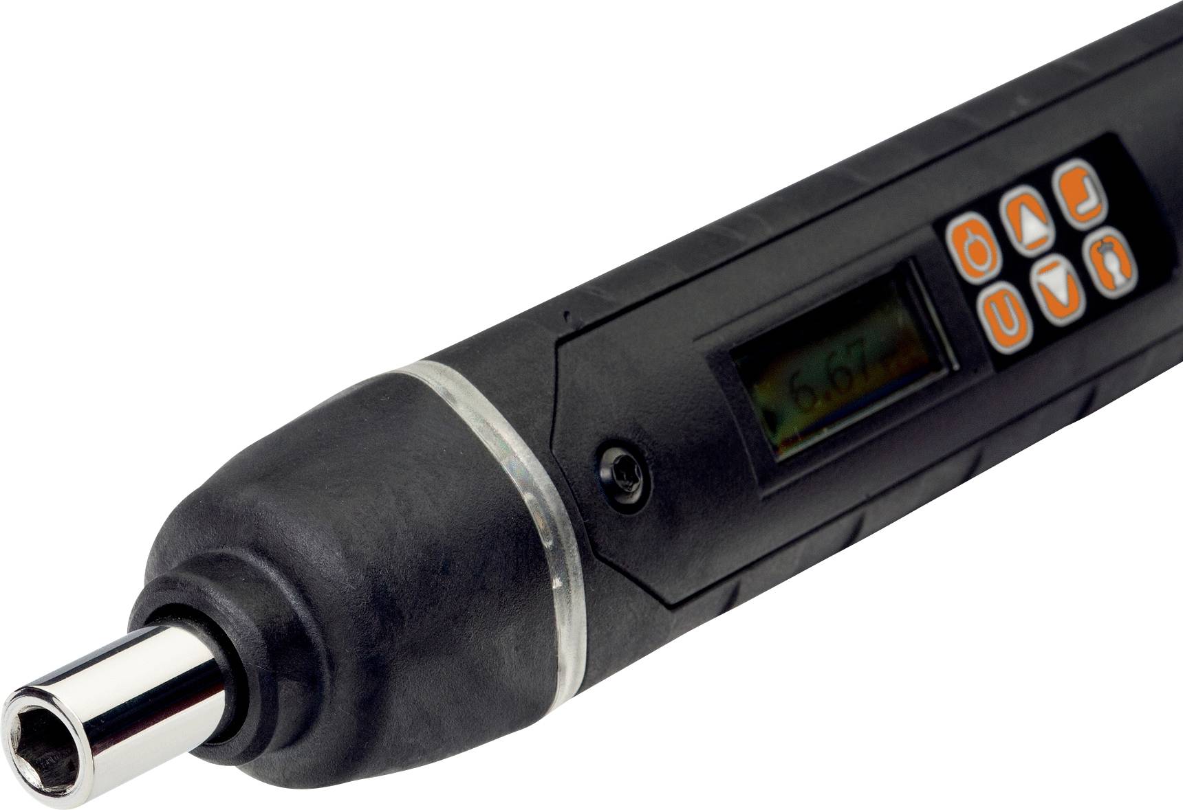 An electronic torque wrench with a digital display and control buttons. The display shows a measurement value in newton-metres.