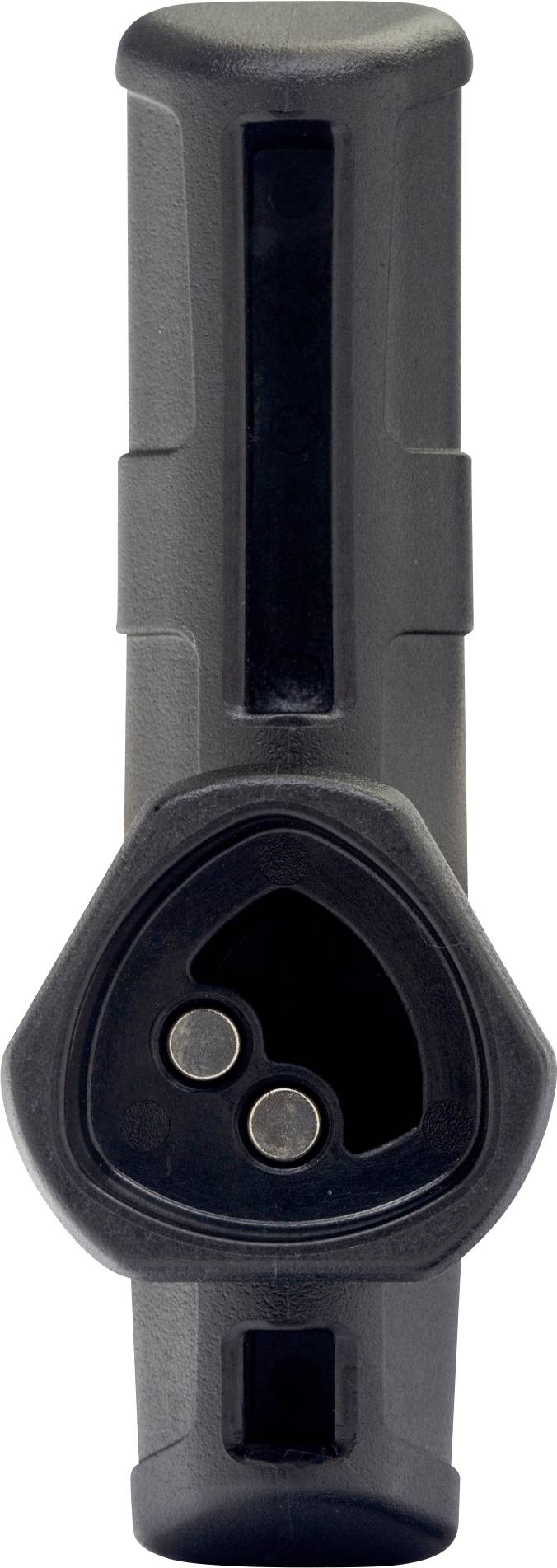 A black plug for e-bike chargers with two round pins and an equilateral triangular shape.
