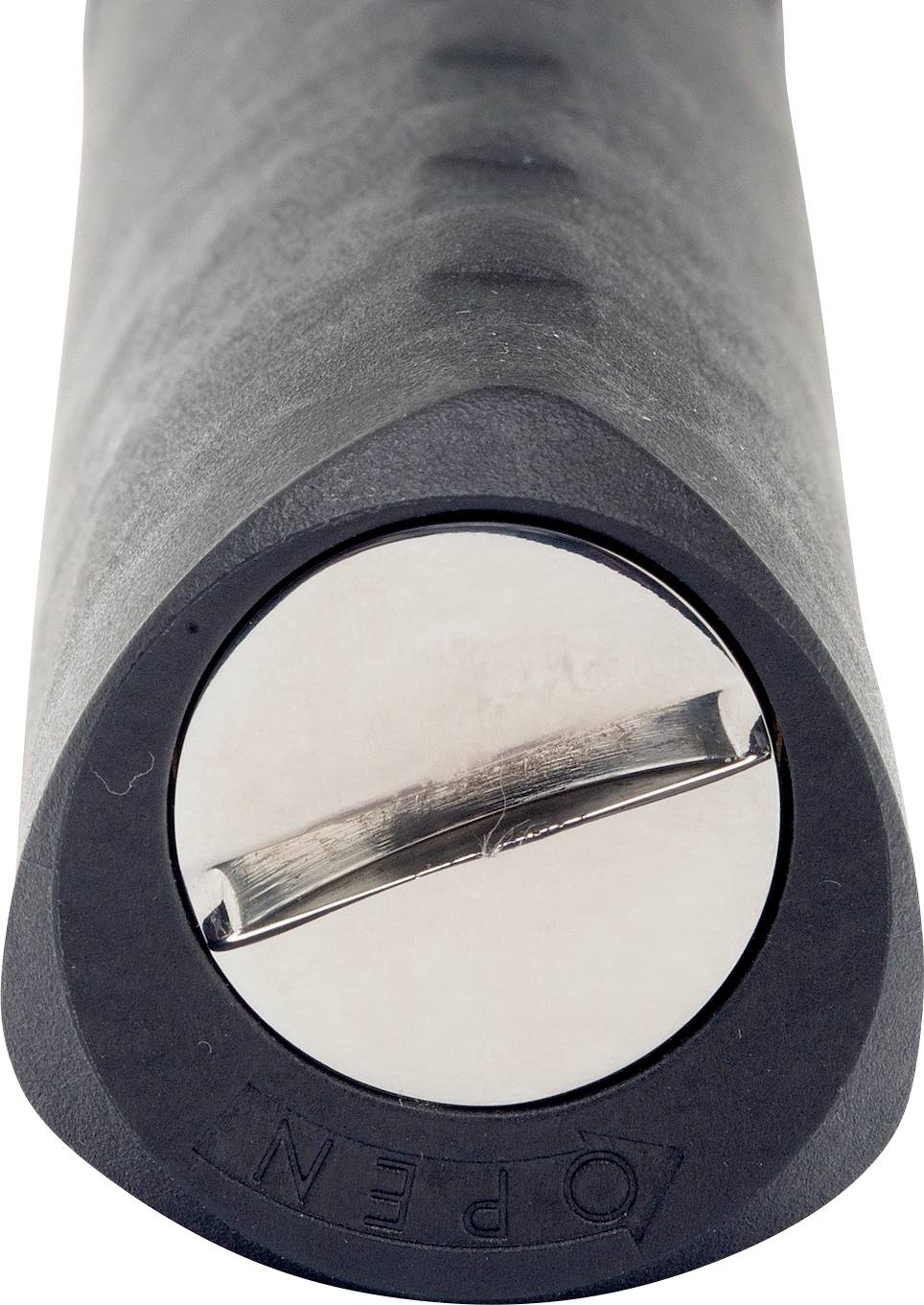 Black plastic component with a round metallic insert displaying a screw-like structure, labelled 'OPEN'.