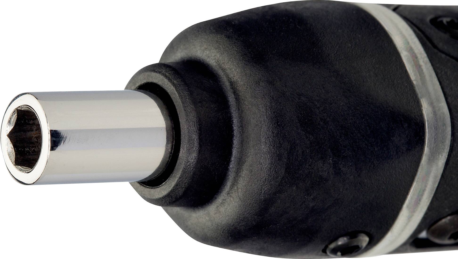 Close-up of an electric screwdriver with a hexagonal metal drill bit at the tip of the tool.